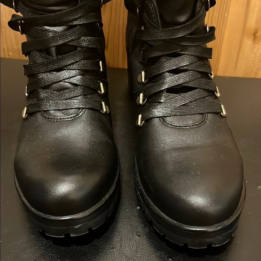 Steve Madden Black Combat Boots with Gold Accents - Picture 6 of 12